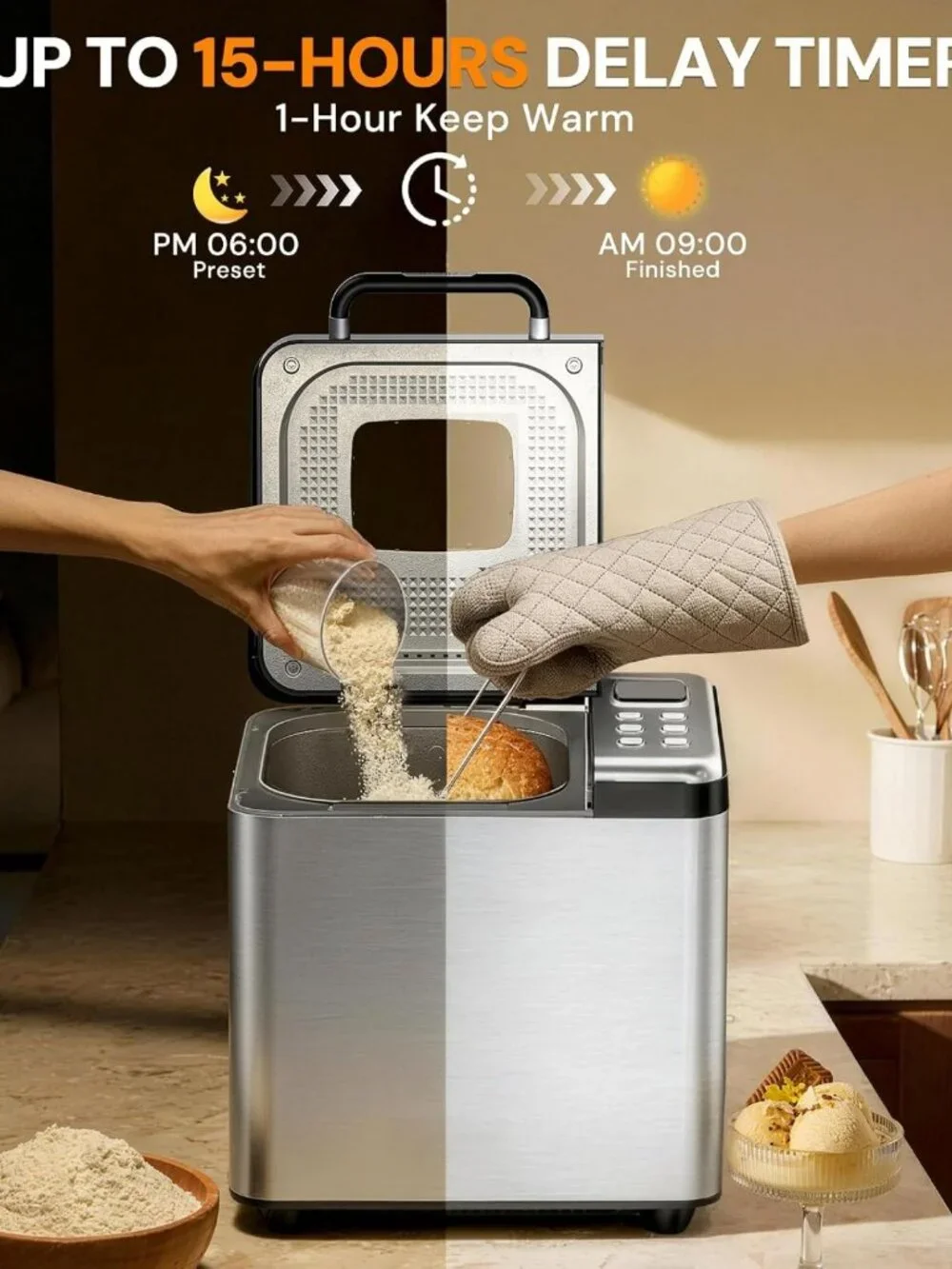 2LB Stainless Steel Bread Maker Machine - 17-in-1 Automatic, Easy Home Baking